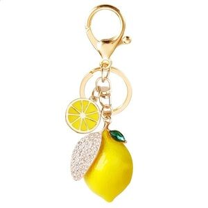 Lemon Keychain bag Charm iyellow with crystal leaves gold hardware